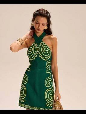 NWT Commense Green Halter Mini Dress with Yellow Swirl Detail